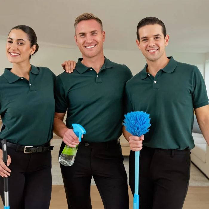Drie Glansco teamleden lachend in een lichte, moderne woonkamer met schoonmaakspullen