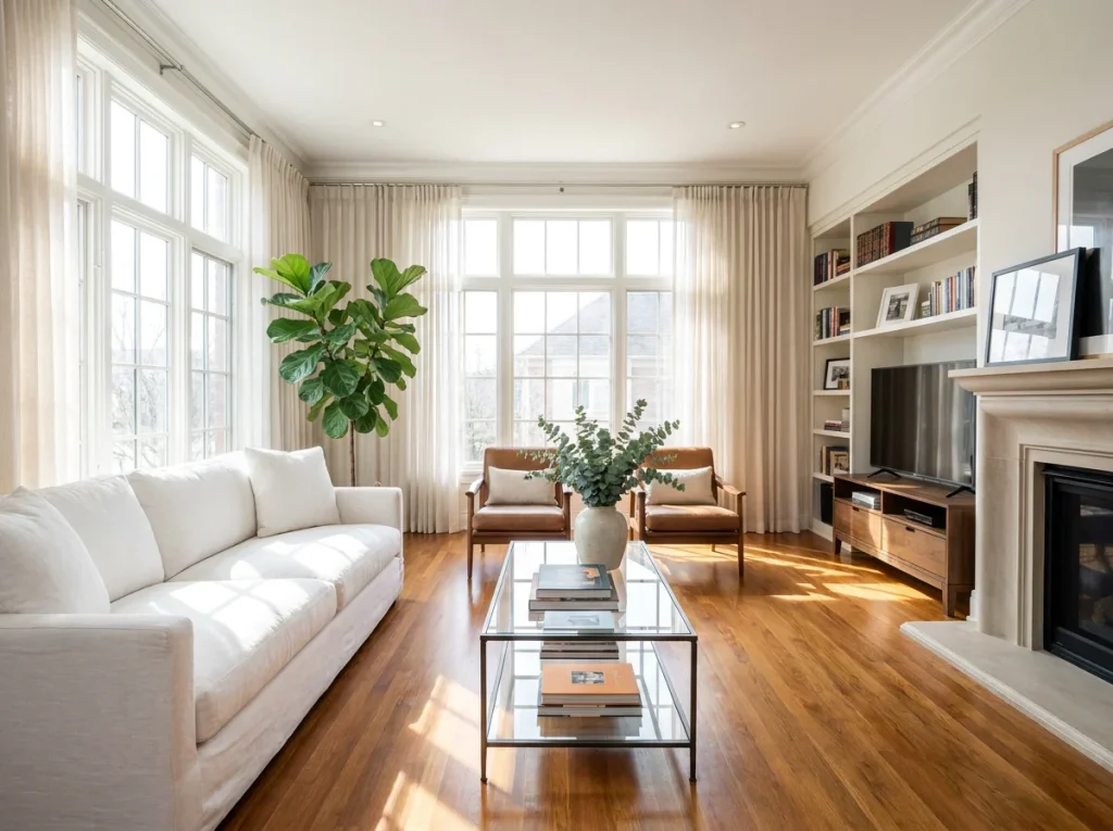 The same living room spotless and organized after a SparkleClean deep clean