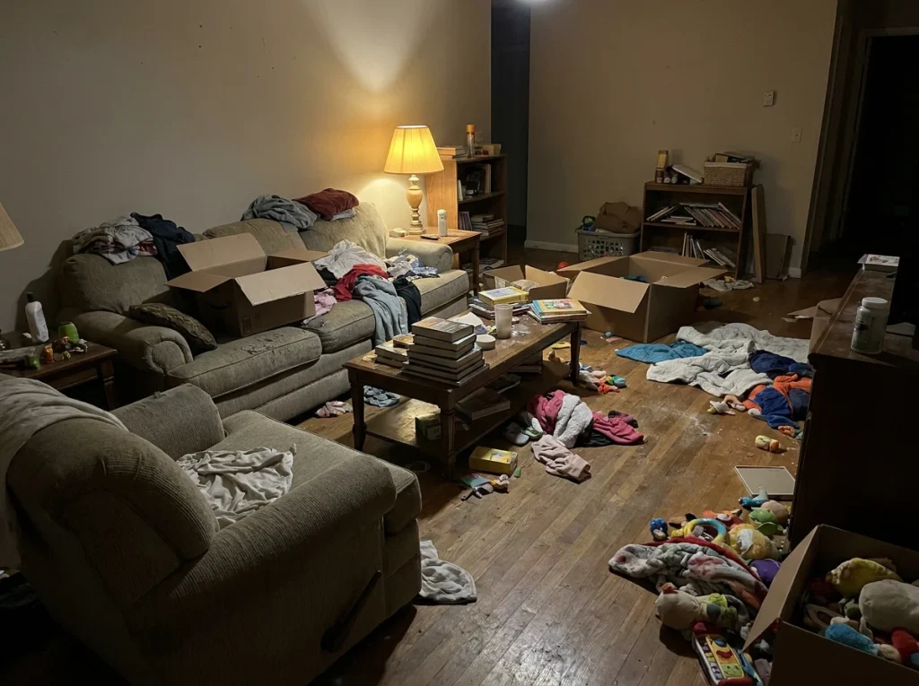 A cluttered, dusty living room before a SparkleClean deep clean
