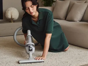 Een Glansco medewerker stofzuigt een gezellige moderne woonkamer