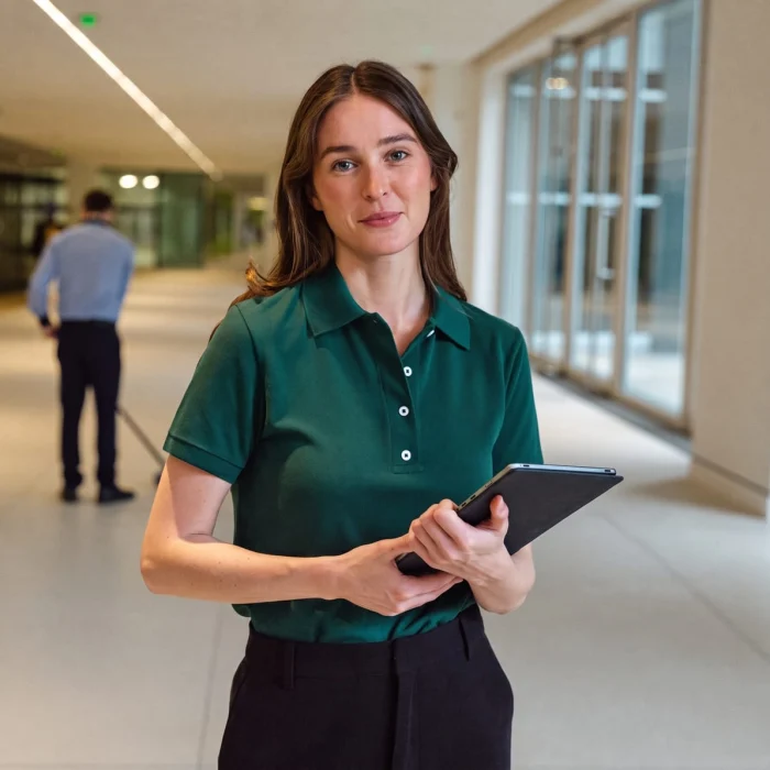 Een Glansco teamleider houdt een tablet vast in een lichte moderne bedrijfslobby